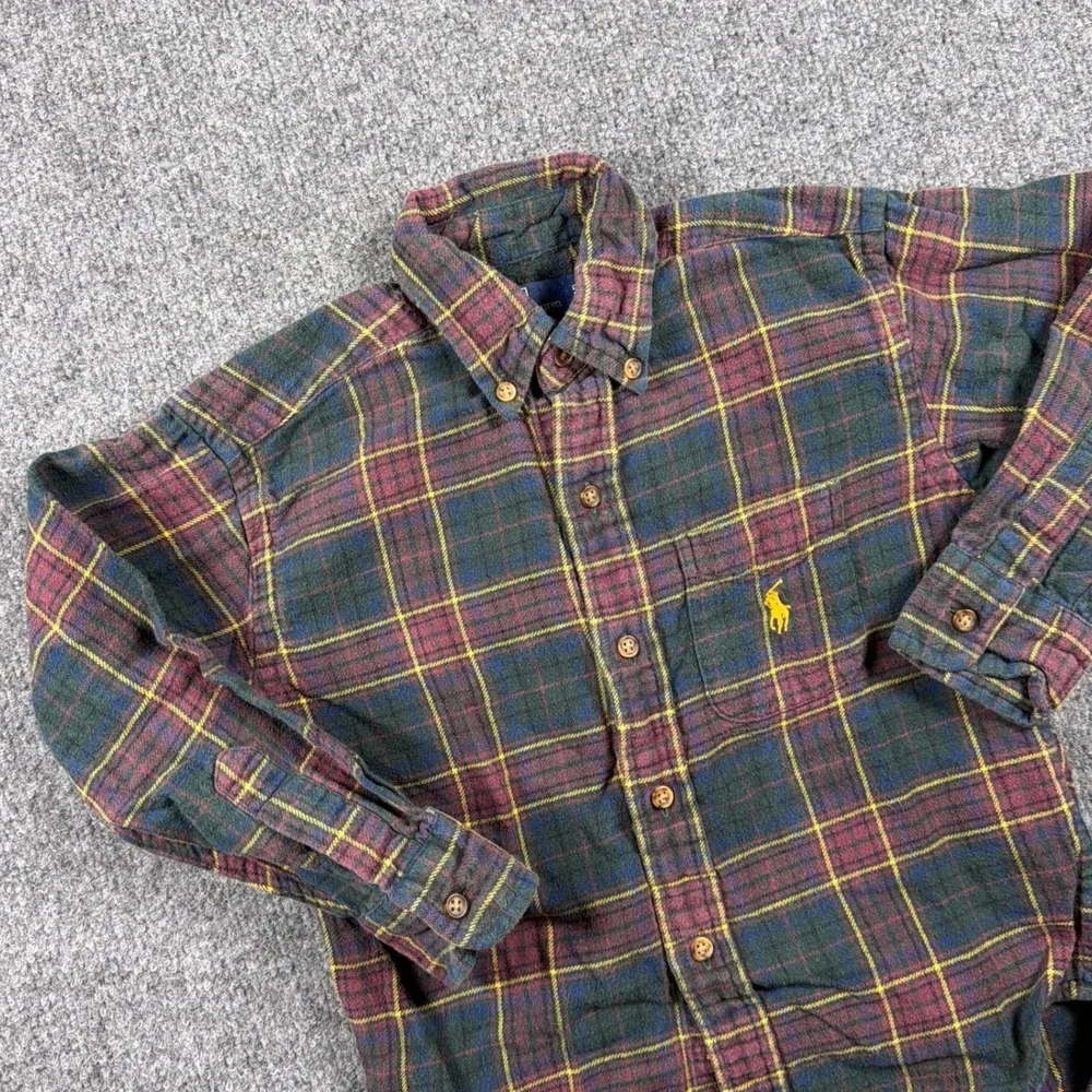 Polo Ralph Lauren Flannel Button Down Shirt Kids Size 5 Green Burgundy Plaid